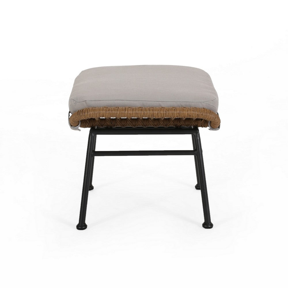 Margo Outdoor Ottoman Set of 2, 24" Black Iron Legs, Brown and Beige