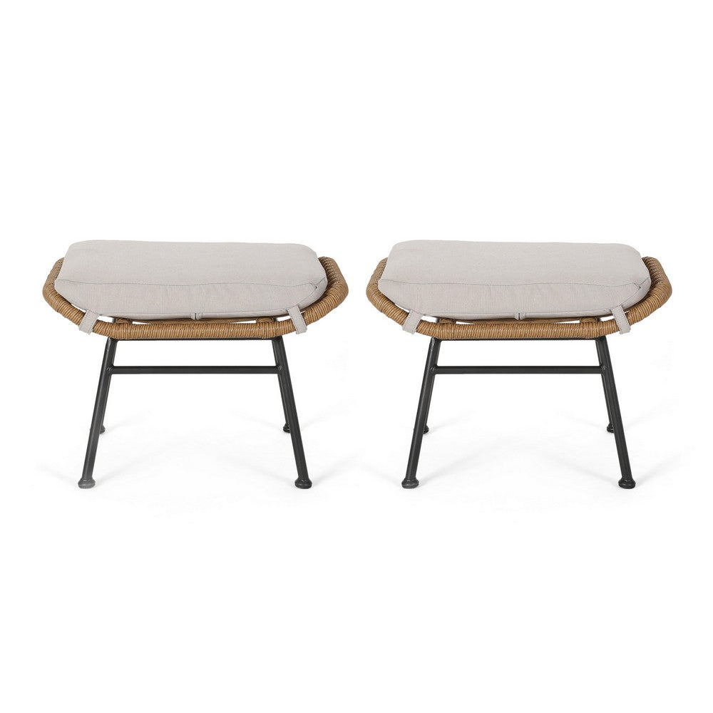 Margo Outdoor Ottoman Set of 2, 24" Black Iron Legs, Brown and Beige