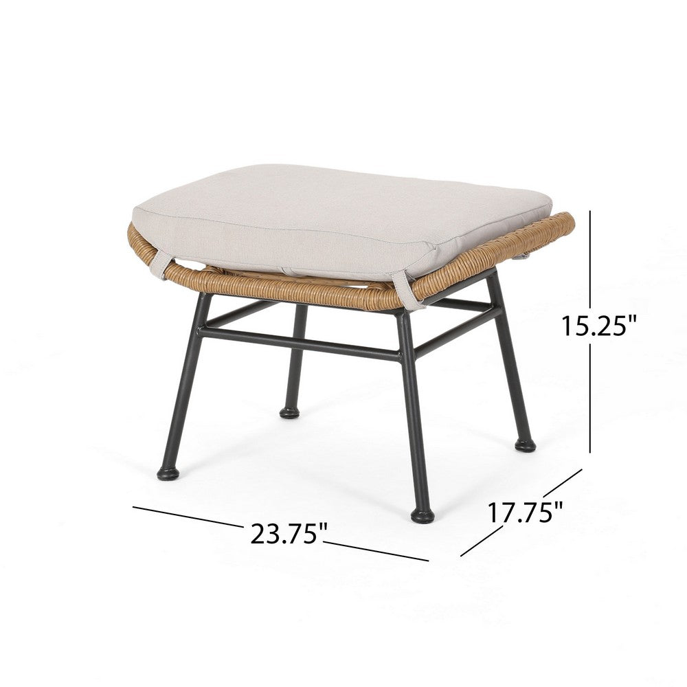 Margo Outdoor Ottoman Set of 2, 24" Black Iron Legs, Brown and Beige