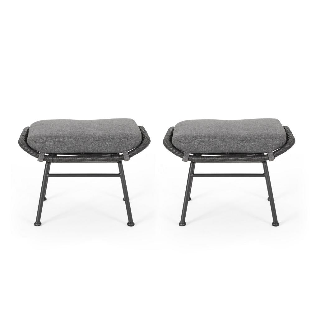 Margo Outdoor Ottoman Set of 2 24’’ Black Iron Legs Gray Cushion