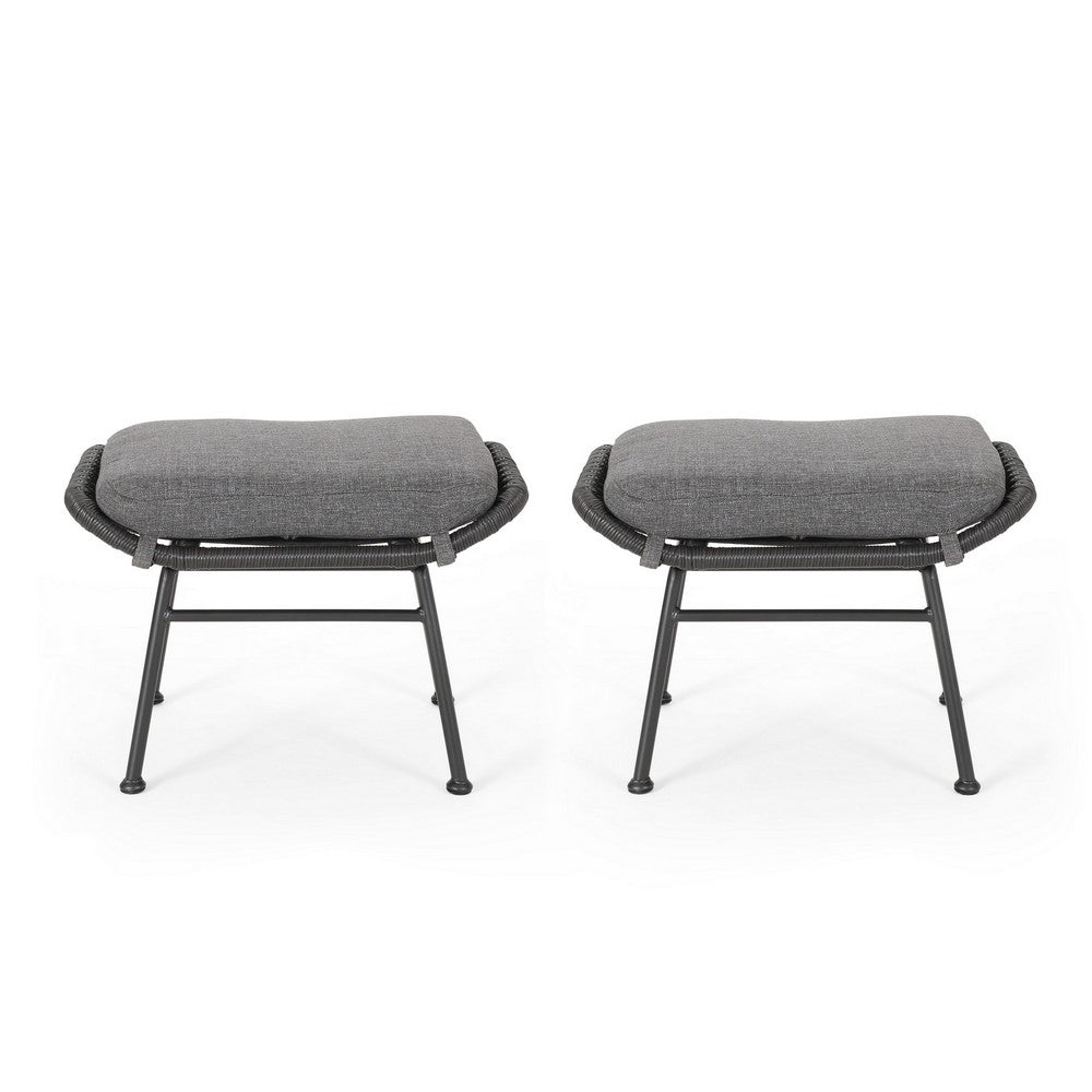 Margo Outdoor Ottoman Set of 2, 24" Black Iron Legs, Gray Cushion
