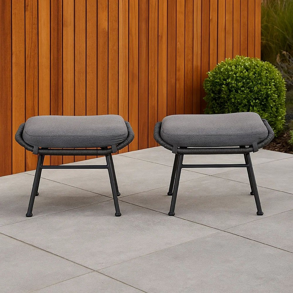 Margo Outdoor Ottoman Set of 2, 24" Black Iron Legs, Gray Cushion