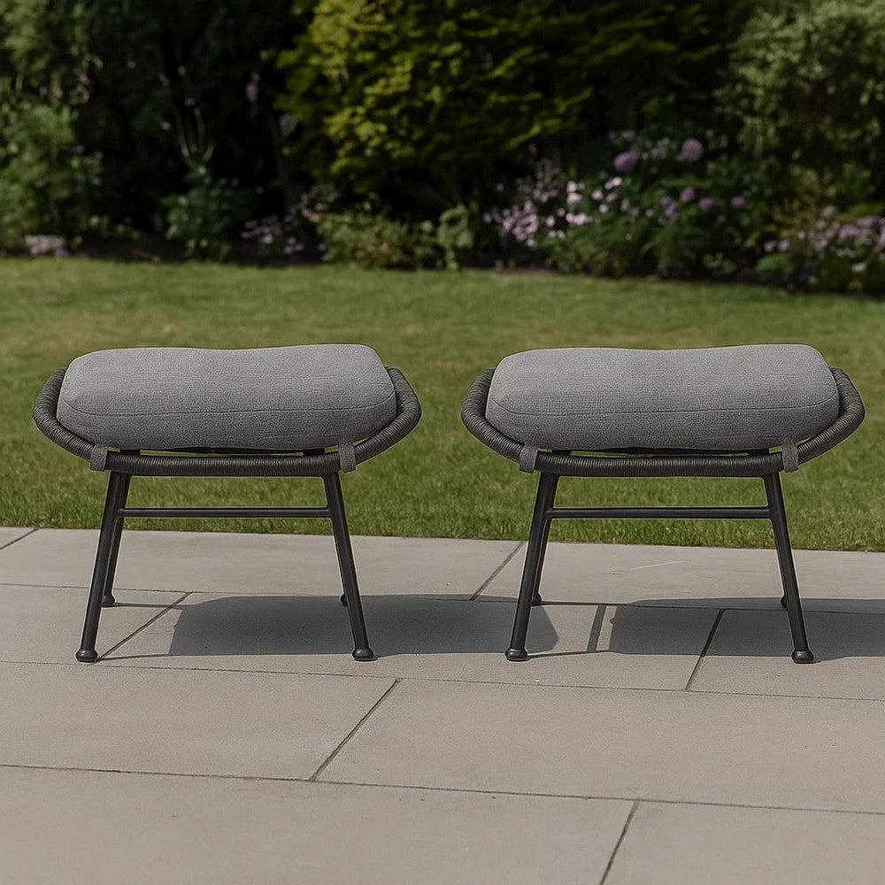 Margo Outdoor Ottoman Set of 2, 24" Black Iron Legs, Gray Cushion