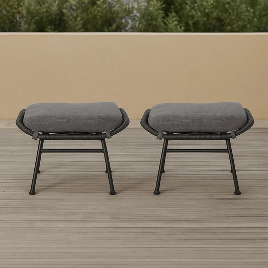 Margo Outdoor Ottoman Set of 2, 24" Black Iron Legs, Gray Cushion