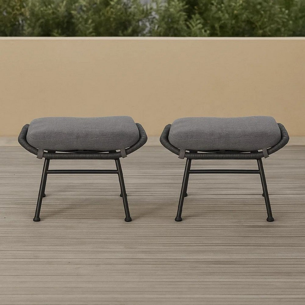 Margo Outdoor Ottoman Set of 2, 24" Black Iron Legs, Gray Cushion