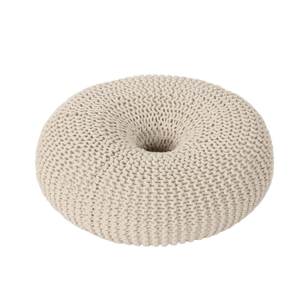 Round Knitted Pouf Ottoman Handcrafted Details 25’’ Beige Cotton BM324947