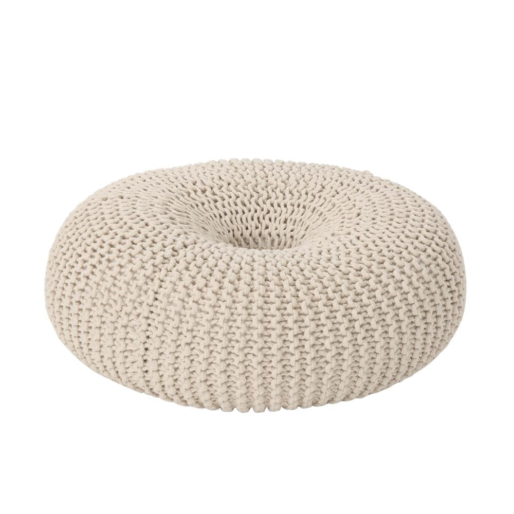 Round Knitted Pouf Ottoman Handcrafted Details 25’’ Beige Cotton BM324947