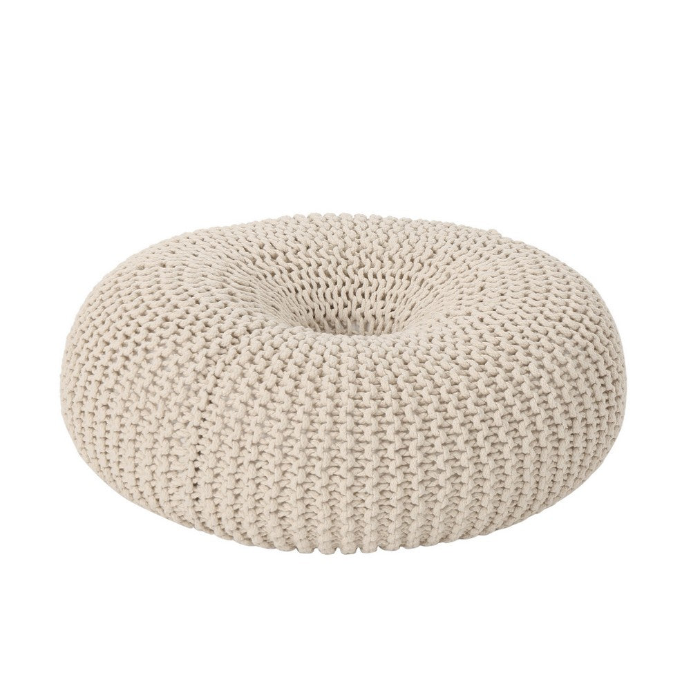 Round Knitted Pouf Ottoman, Handcrafted Details, 25", Beige Cotton