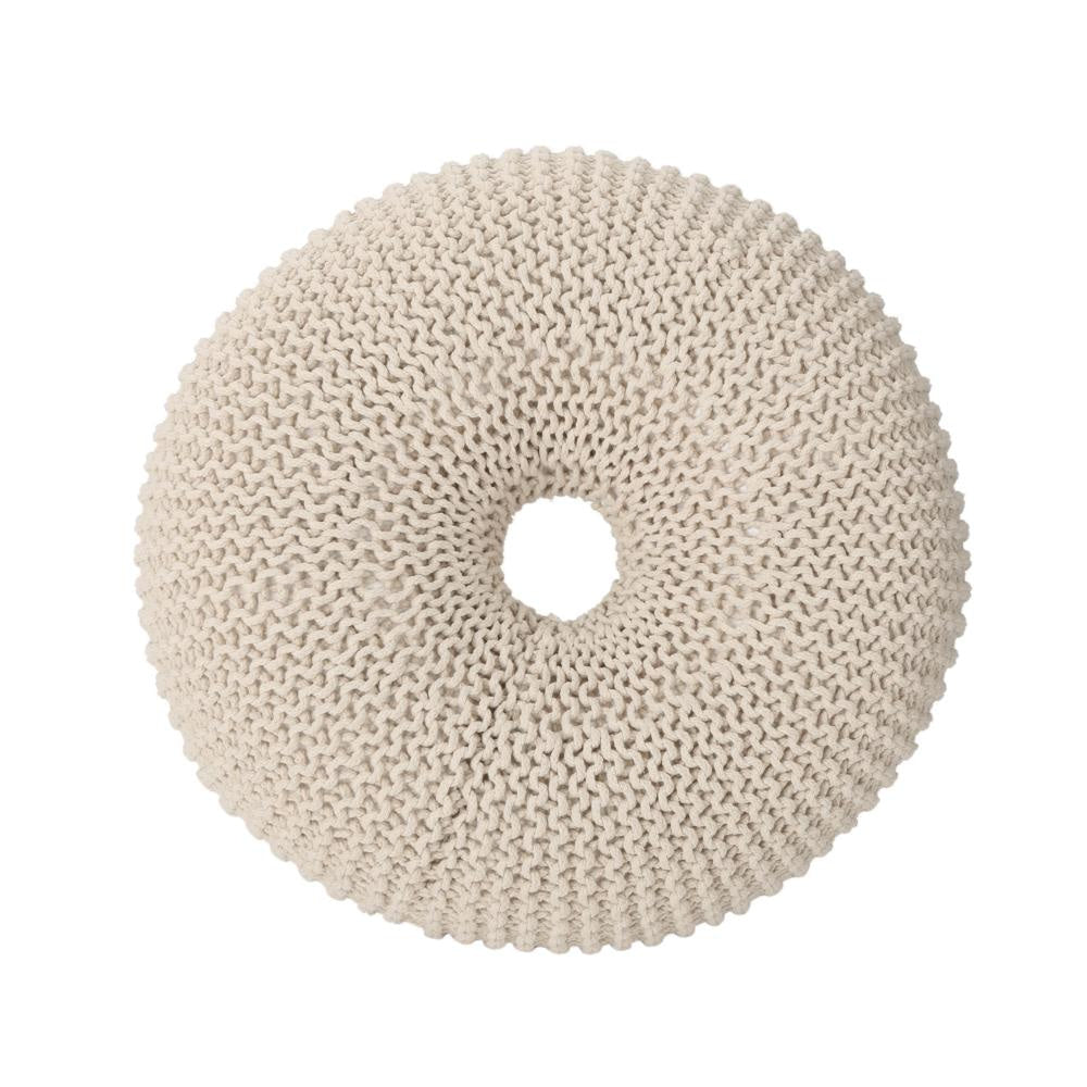 Round Knitted Pouf Ottoman, Handcrafted Details, 25", Beige Cotton