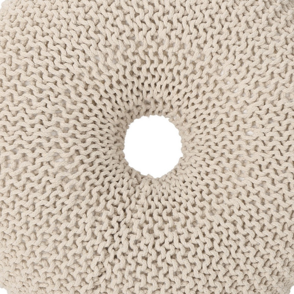 Round Knitted Pouf Ottoman, Handcrafted Details, 25", Beige Cotton