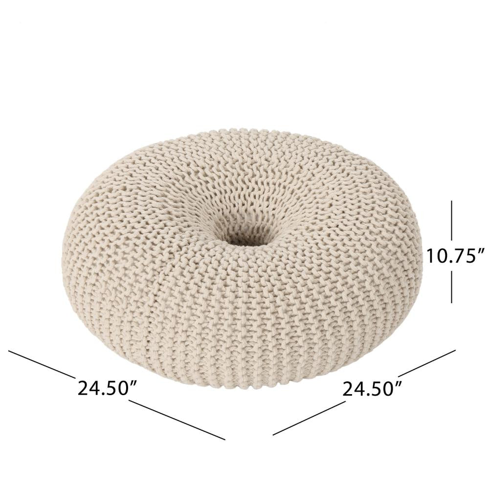 Round Knitted Pouf Ottoman Handcrafted Details 25’’ Beige Cotton BM324947