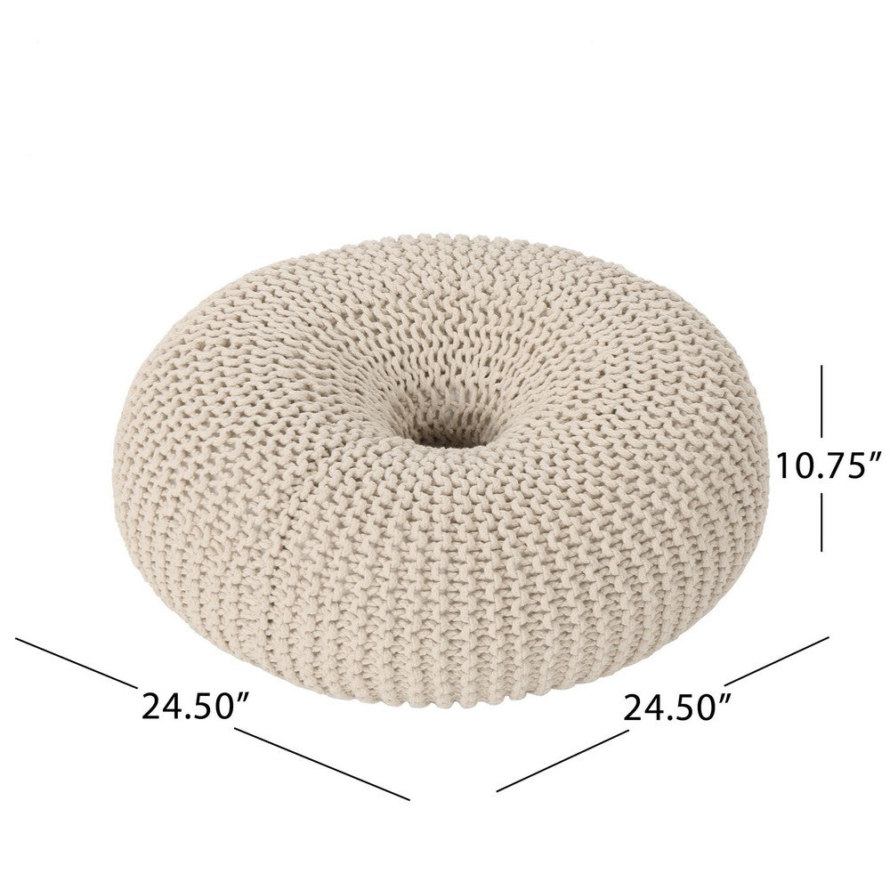 Round Knitted Pouf Ottoman, Handcrafted Details, 25", Beige Cotton