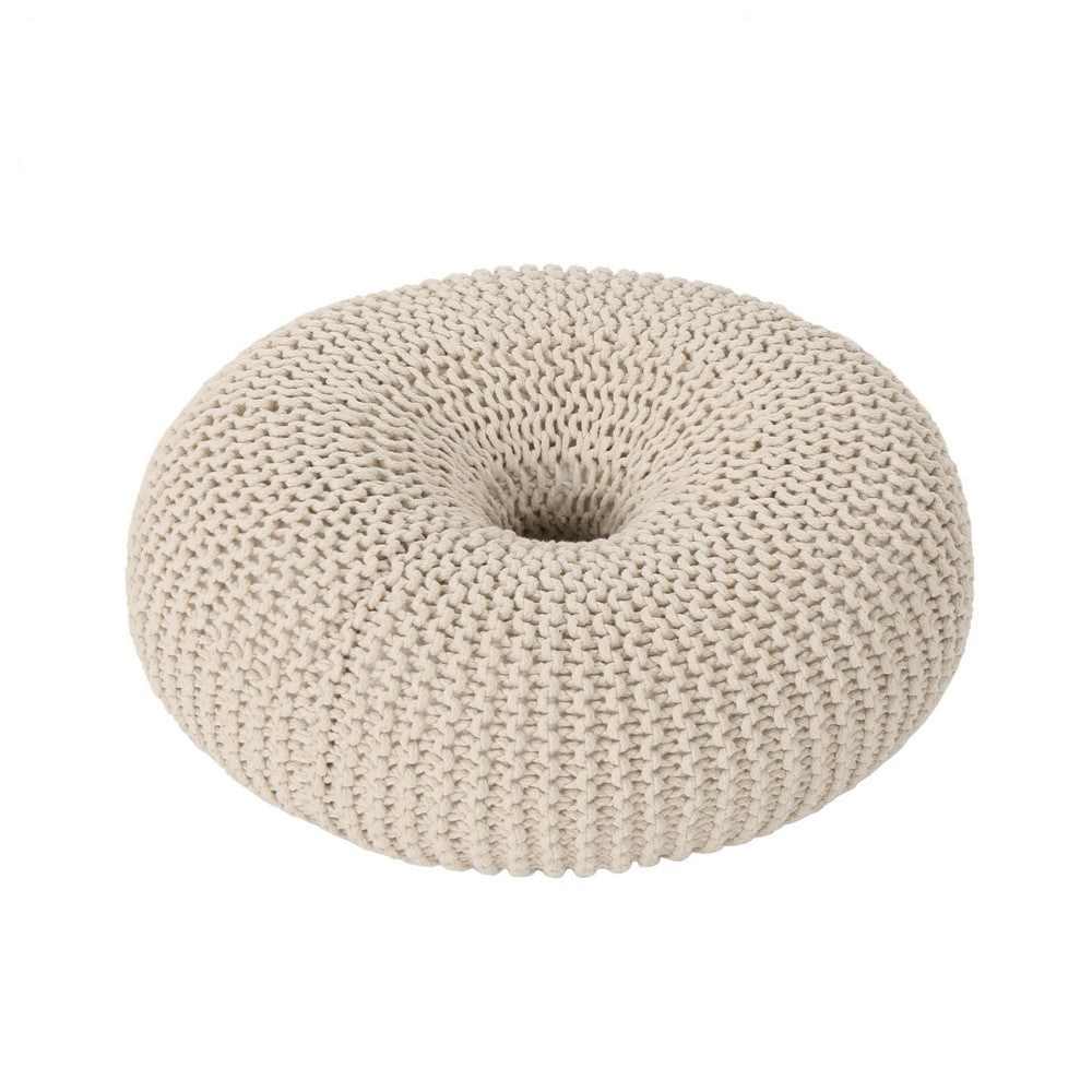 Round Knitted Pouf Ottoman, Handcrafted Details, 25", Beige Cotton