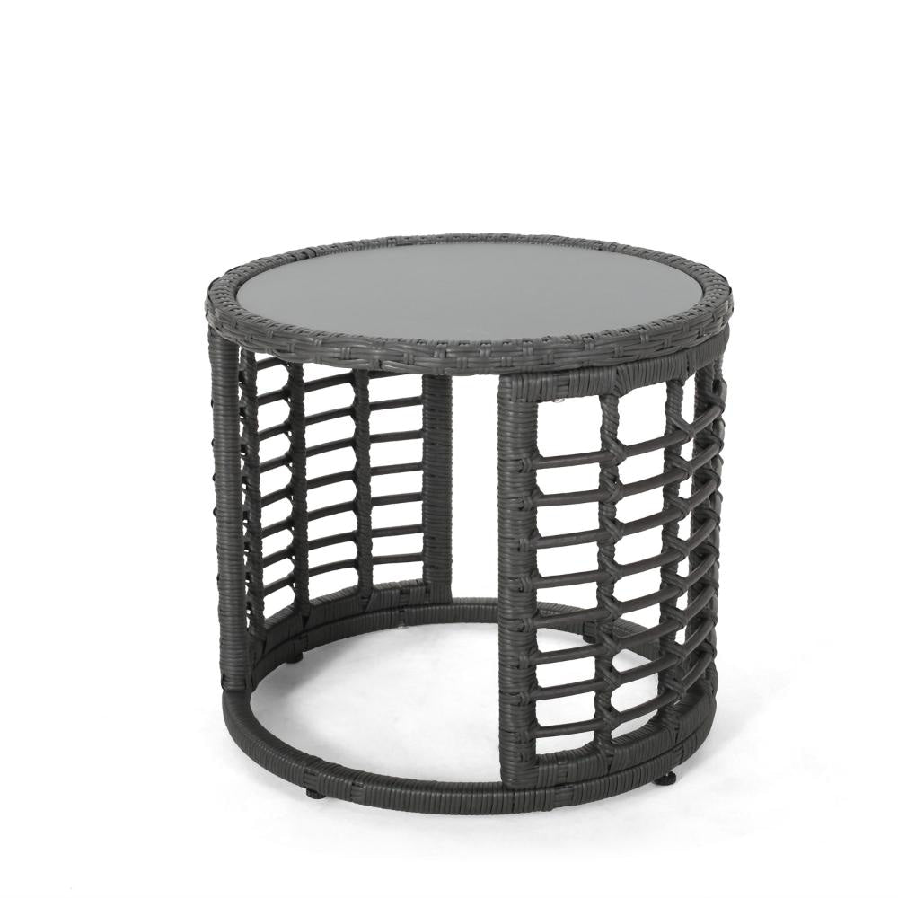 Outdoor Round Side End Table with Woven Accents, 18", Gray Rattan