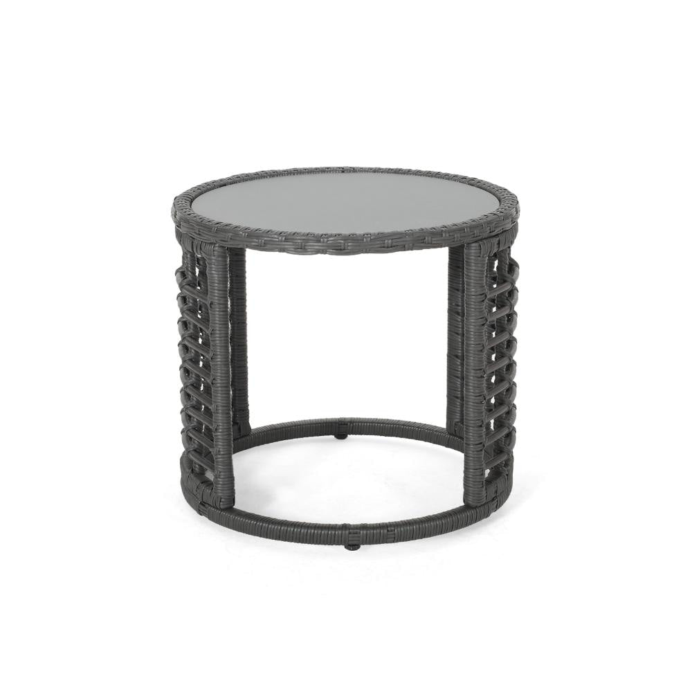 Outdoor Round Side End Table with Woven Accents 18’’ Gray Rattan BM324948