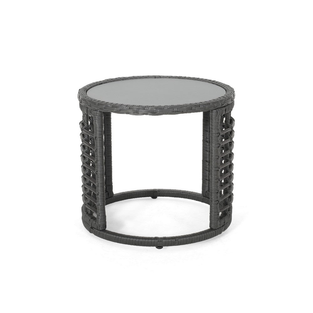 Outdoor Round Side End Table with Woven Accents, 18", Gray Rattan