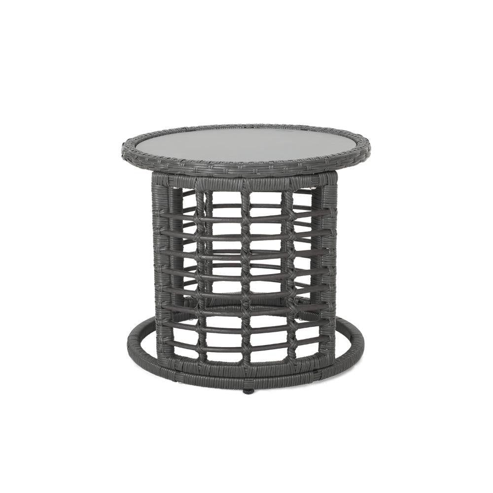 Outdoor Round Side End Table with Woven Accents 18’’ Gray Rattan BM324948