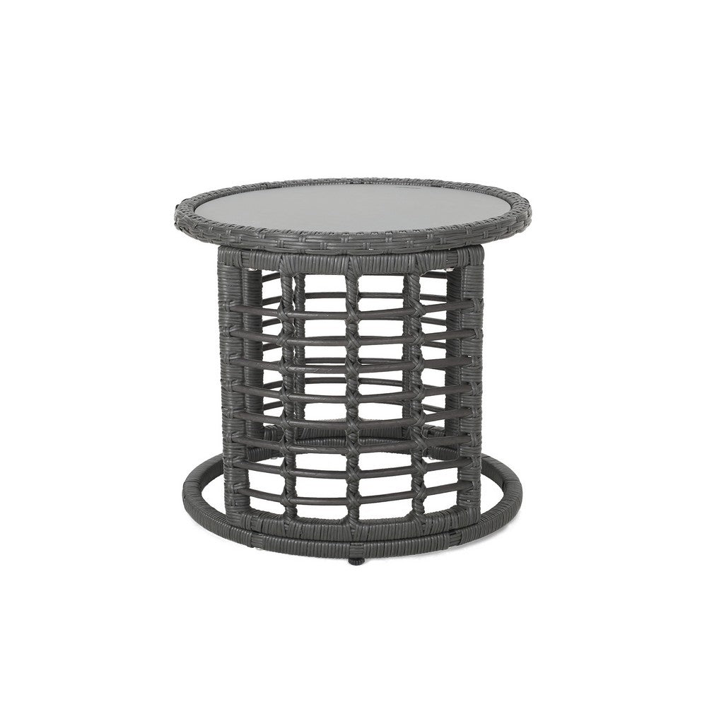 Outdoor Round Side End Table with Woven Accents, 18", Gray Rattan