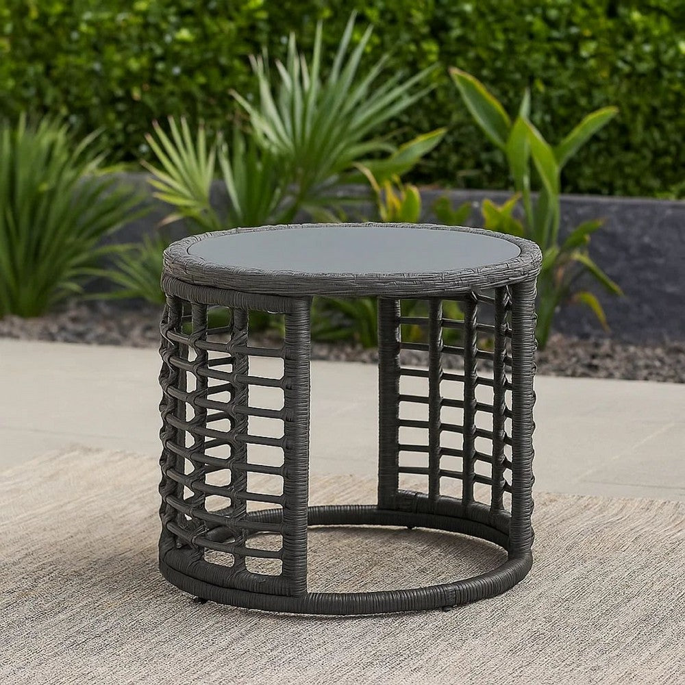 Outdoor Round Side End Table with Woven Accents, 18", Gray Rattan