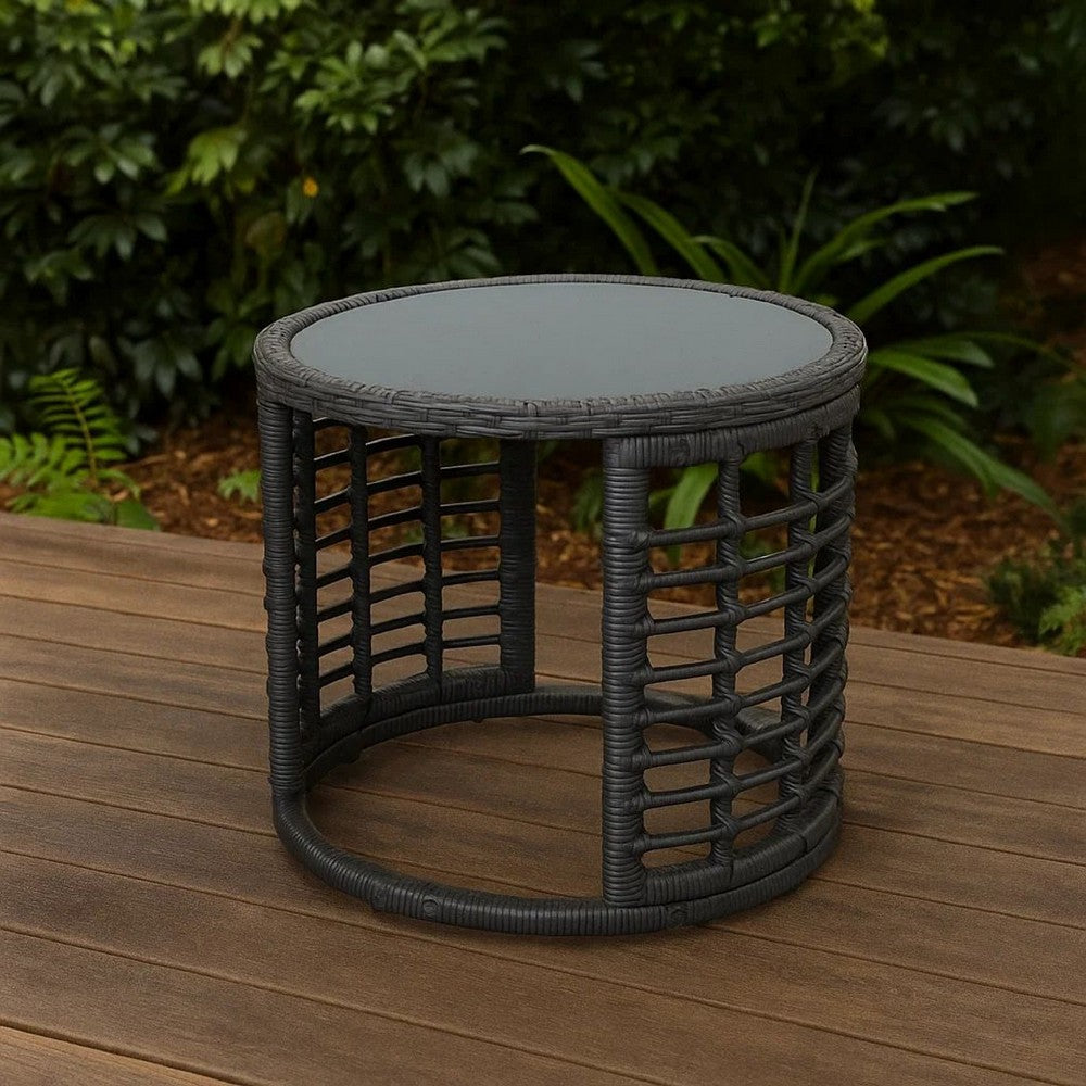 Outdoor Round Side End Table with Woven Accents, 18", Gray Rattan