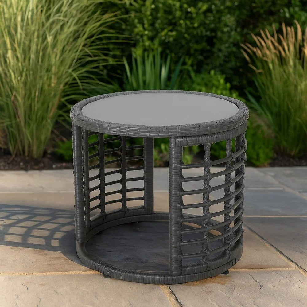 Outdoor Round Side End Table with Woven Accents, 18", Gray Rattan