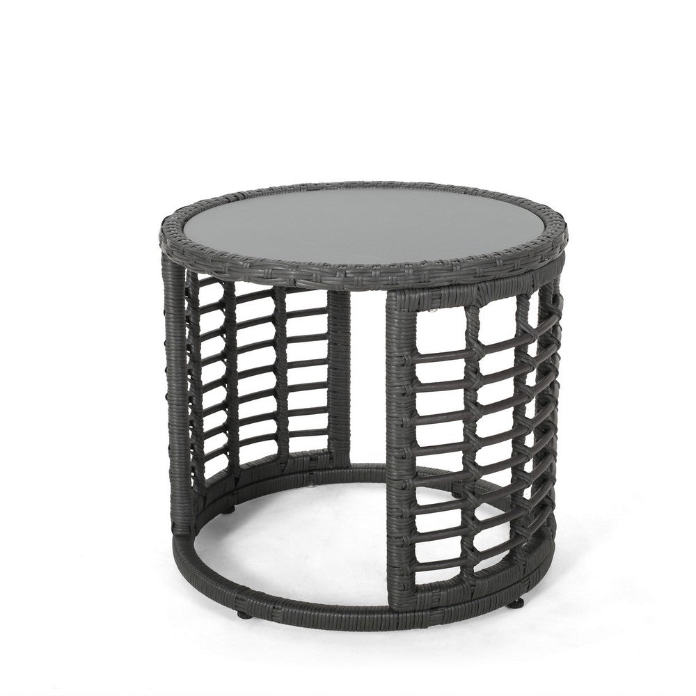 Outdoor Round Side End Table with Woven Accents, 18", Gray Rattan