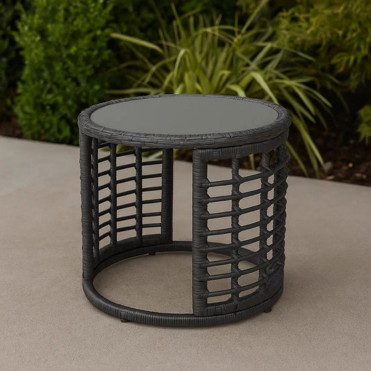 Outdoor Round Side End Table with Woven Accents, 18", Gray Rattan