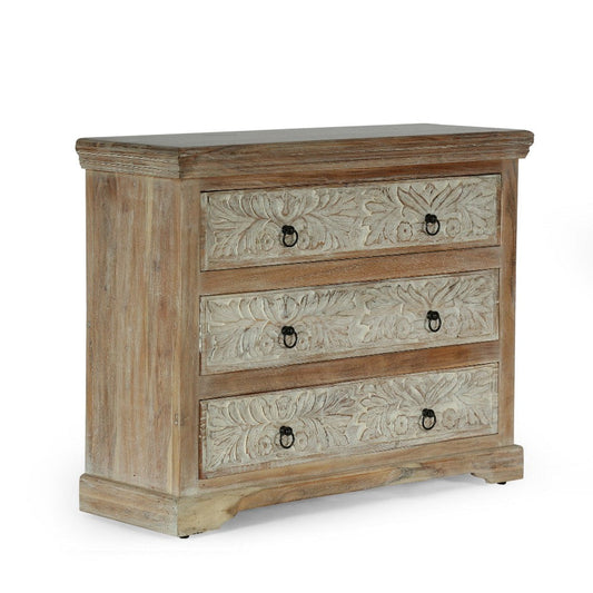 40x14 Wide Dresser Chest, 3 Drawers, White Walnut Brown Acacia Wood