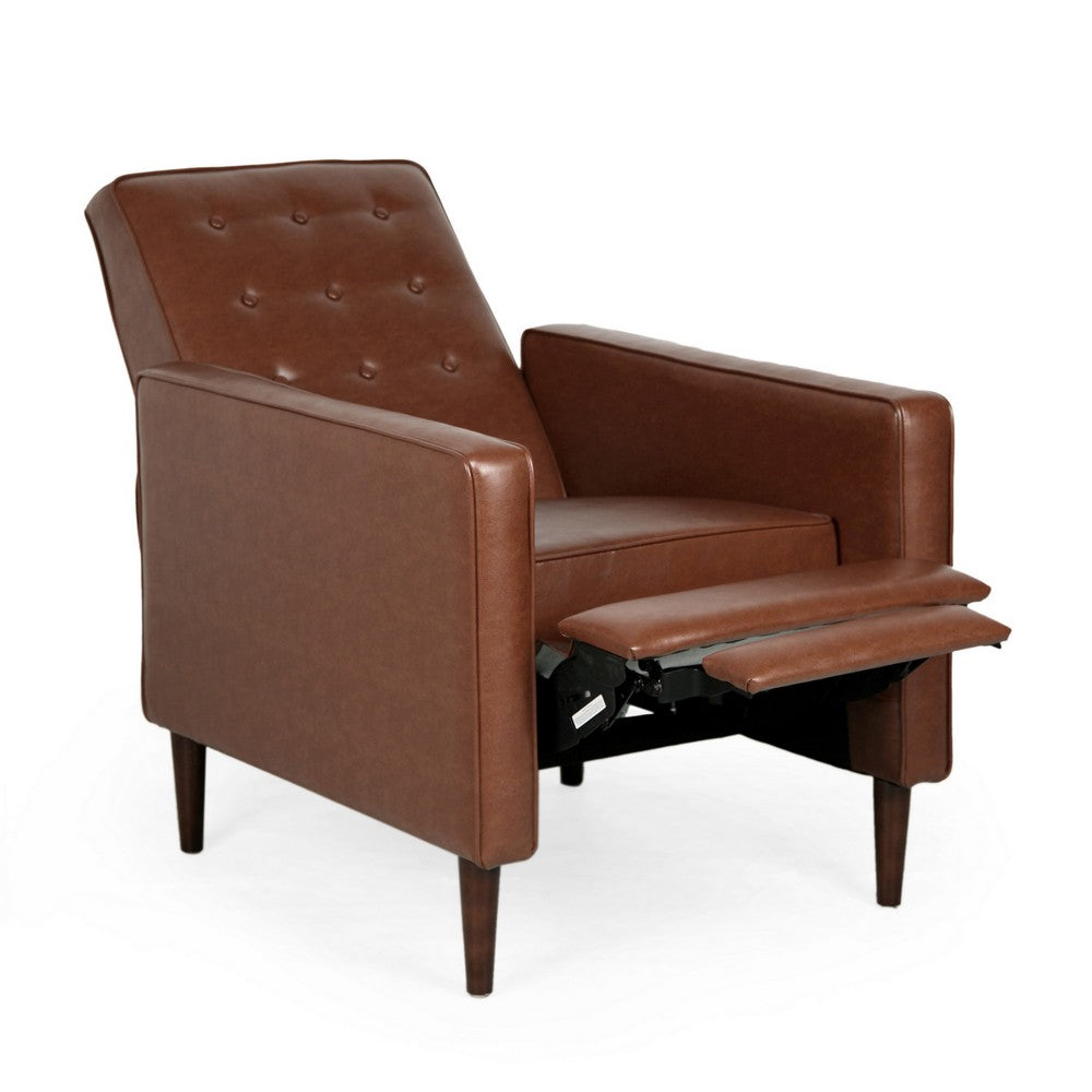 Recliner Chair, Birch Wood, Brown Tufted Waffle Stitch Faux Leather