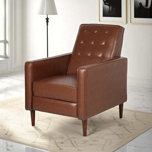 Recliner Chair, Birch Wood, Brown Tufted Waffle Stitch Faux Leather