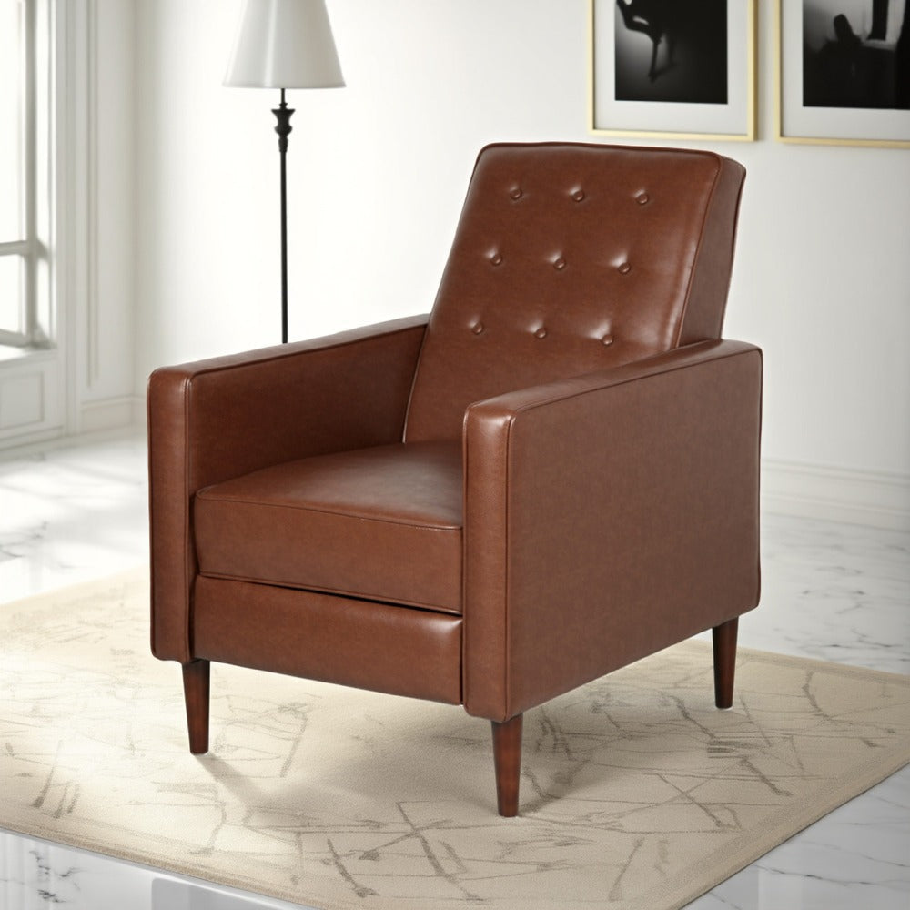 Recliner Chair, Birch Wood, Brown Tufted Waffle Stitch Faux Leather