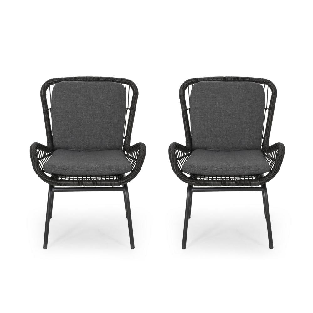 Patio Accent Chair Set of 2 Open Wicker Round Edge Black Iron Gray BM324951