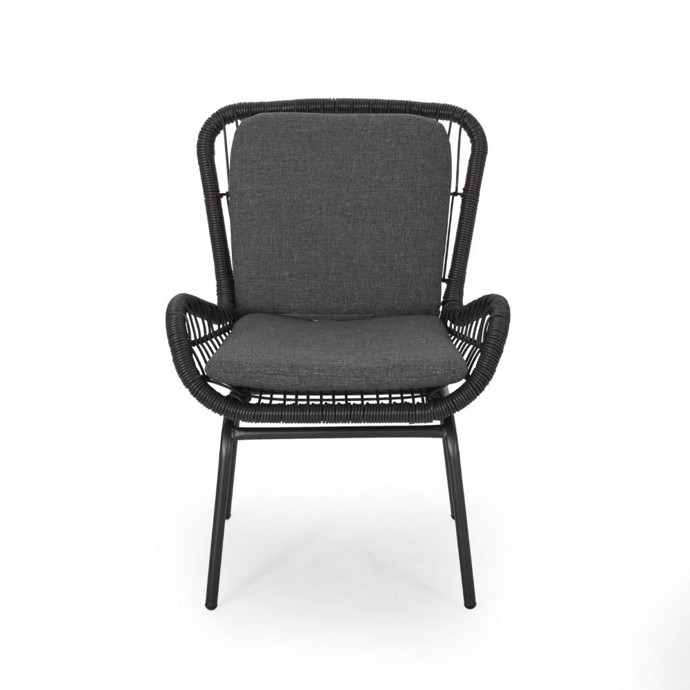 Patio Accent Chair Set of 2 Open Wicker Round Edge Black Iron Gray BM324951