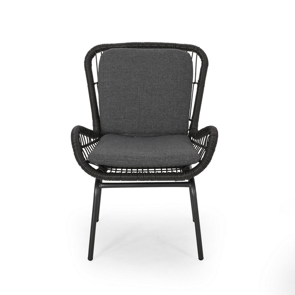 Patio Accent Chair Set of 2, Open Wicker, Round Edge, Black Iron, Gray
