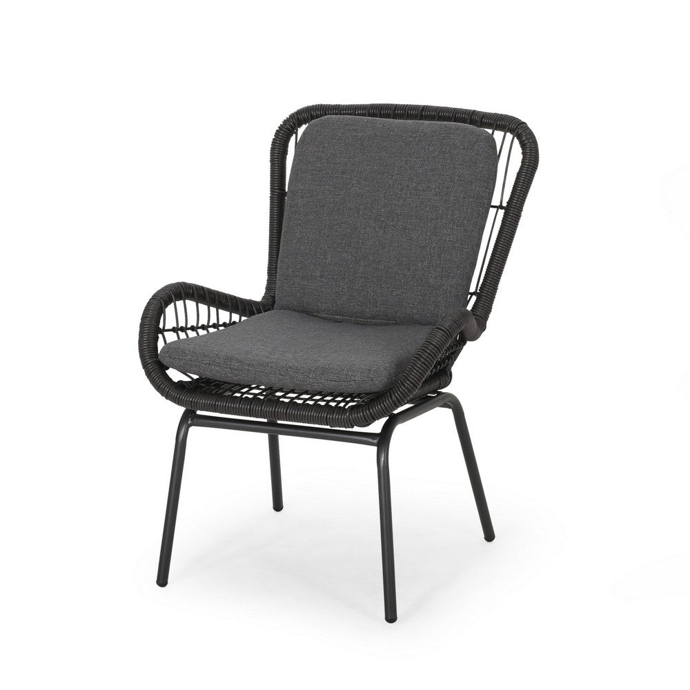 Patio Accent Chair Set of 2, Open Wicker, Round Edge, Black Iron, Gray
