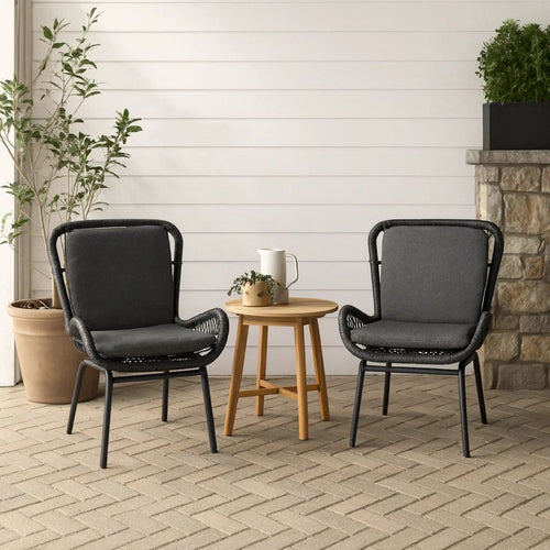 Patio Accent Chair Set of 2, Open Wicker, Round Edge, Black Iron, Gray
