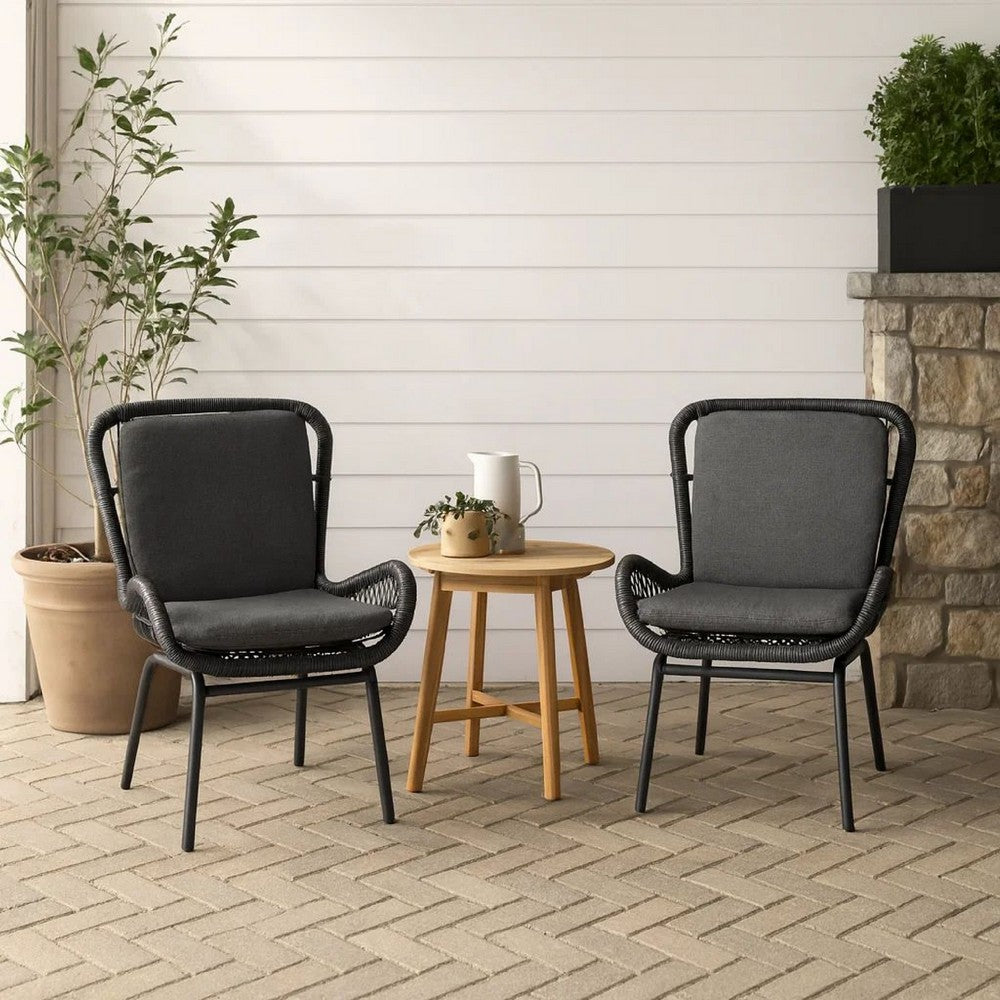 Patio Accent Chair Set of 2, Open Wicker, Round Edge, Black Iron, Gray