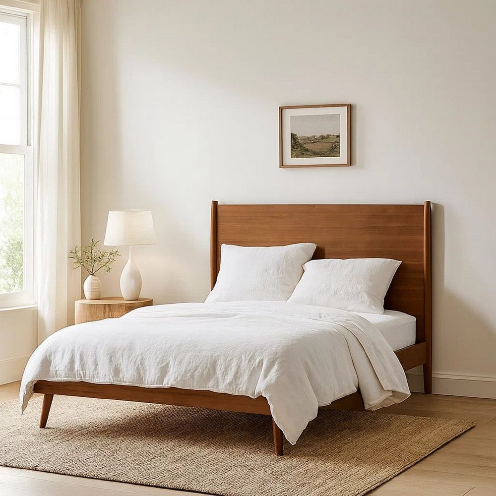 Ozzy King Size Bed with Slat Panel Design, Natural Acacia Wood Finish