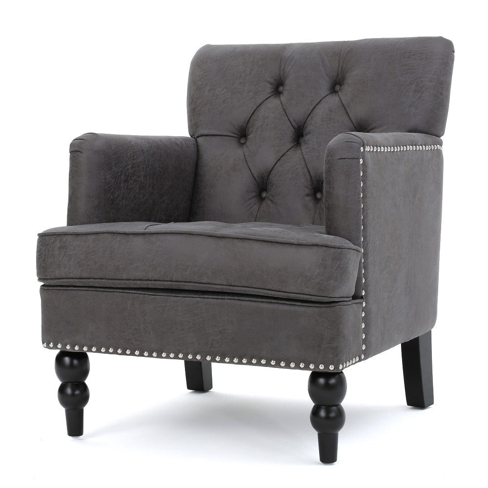 Lit Accent Armchair, Gray Microfiber Fabric, Button Tufted Design