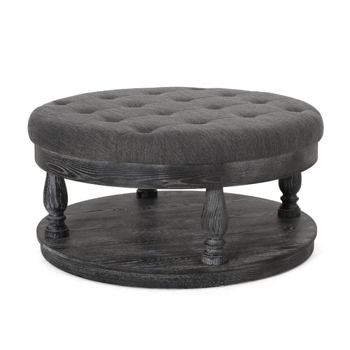 Sanya Ottoman Table, Tufted Dark Gray Fabric, Black Wood, Round 40"