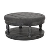 Sanya Ottoman Table, Tufted Dark Gray Fabric, Black Wood, Round 40"