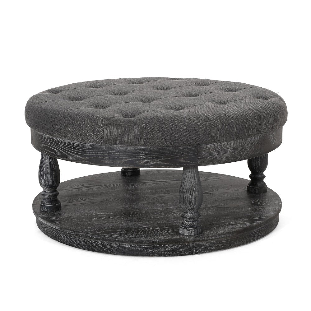 Sanya Ottoman Table, Tufted Dark Gray Fabric, Black Wood, Round 40"