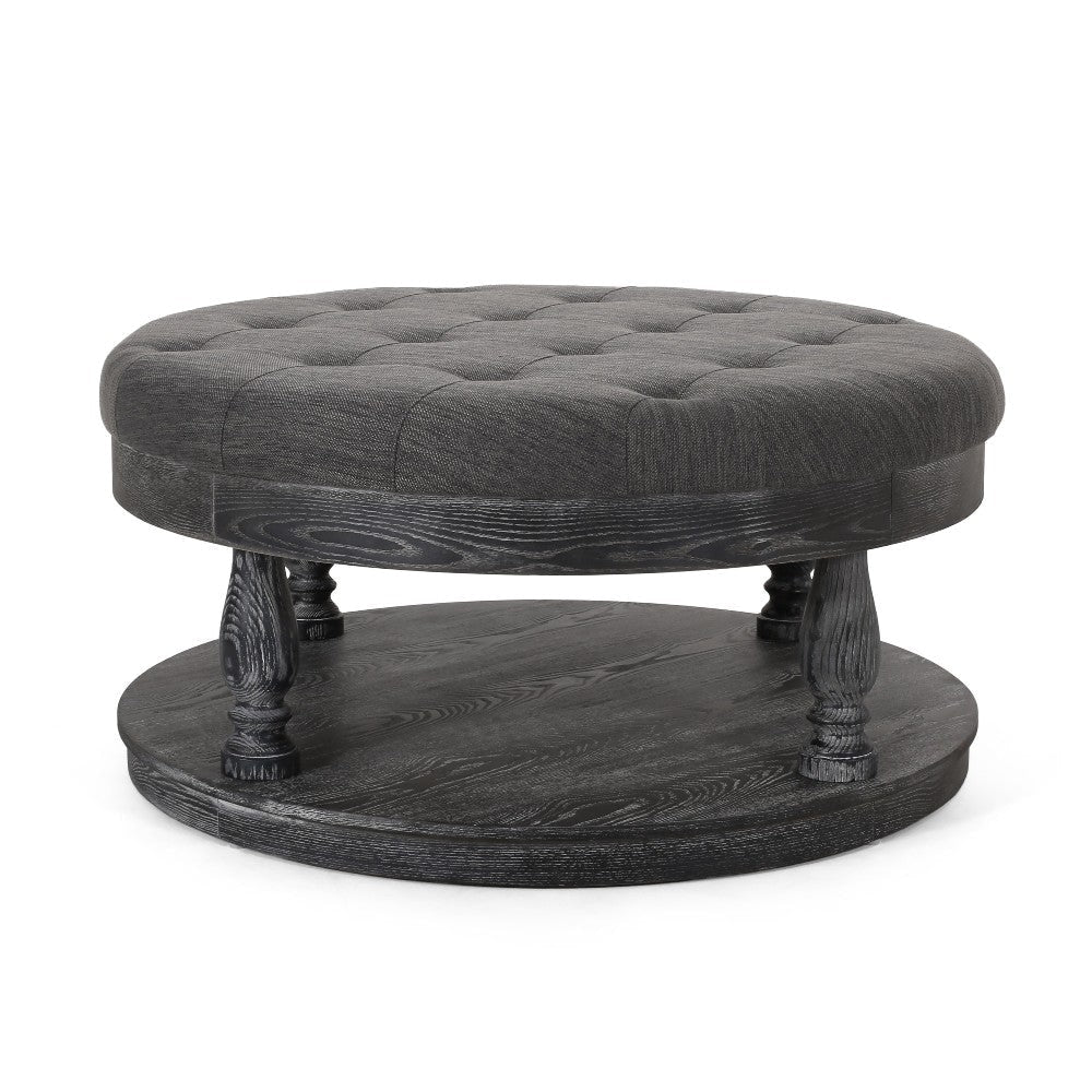 Sanya Ottoman Table Tufted Dark Gray Fabric Black Wood Round 40’’ BM324981