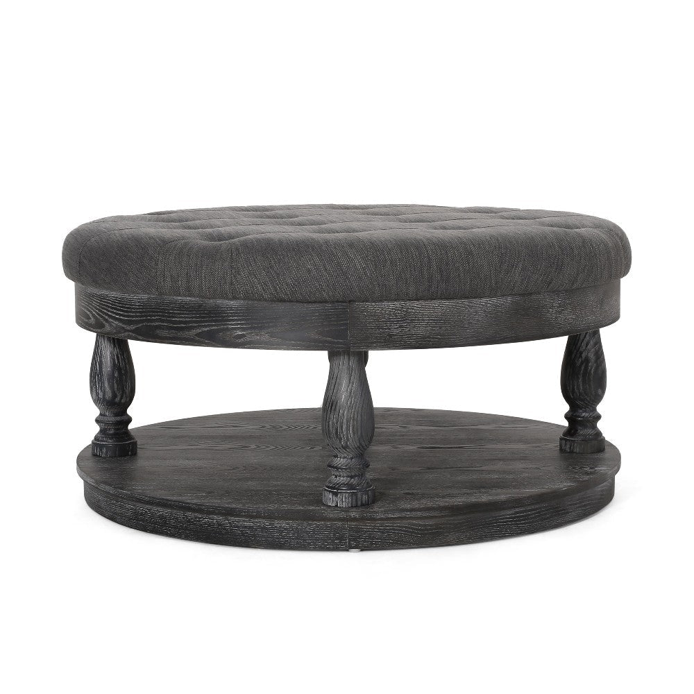 Sanya Ottoman Table Tufted Dark Gray Fabric Black Wood Round 40’’ BM324981