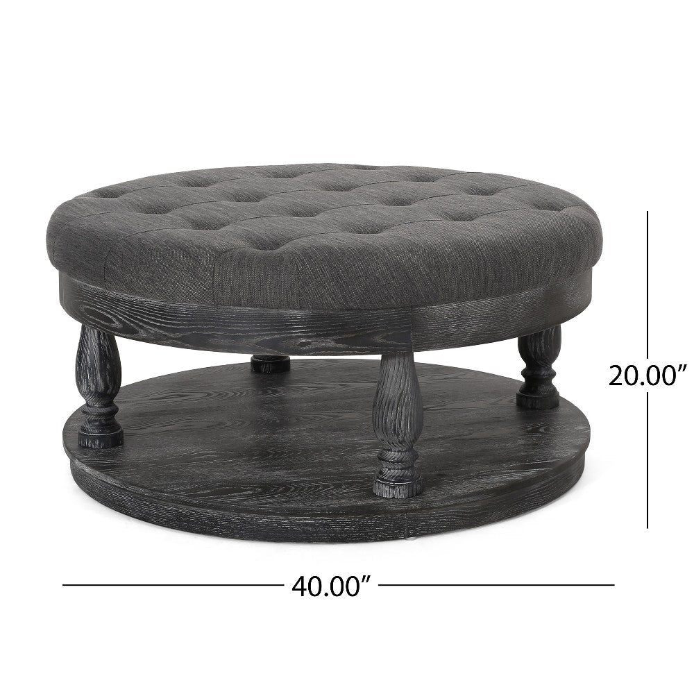 Sanya Ottoman Table Tufted Dark Gray Fabric Black Wood Round 40’’ BM324981