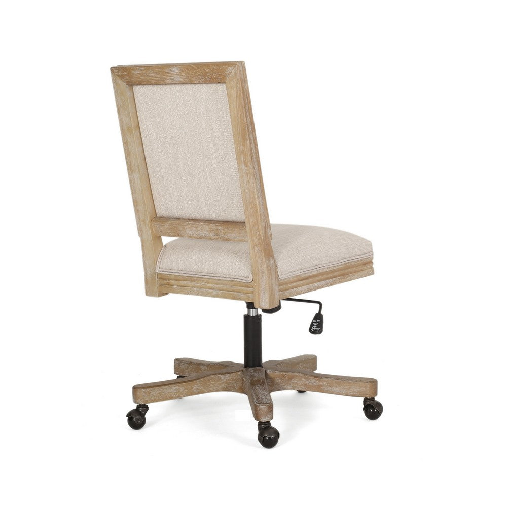 Swivel Rolling Office Chair, Beige Fabric, Weathered Light Brown Wood