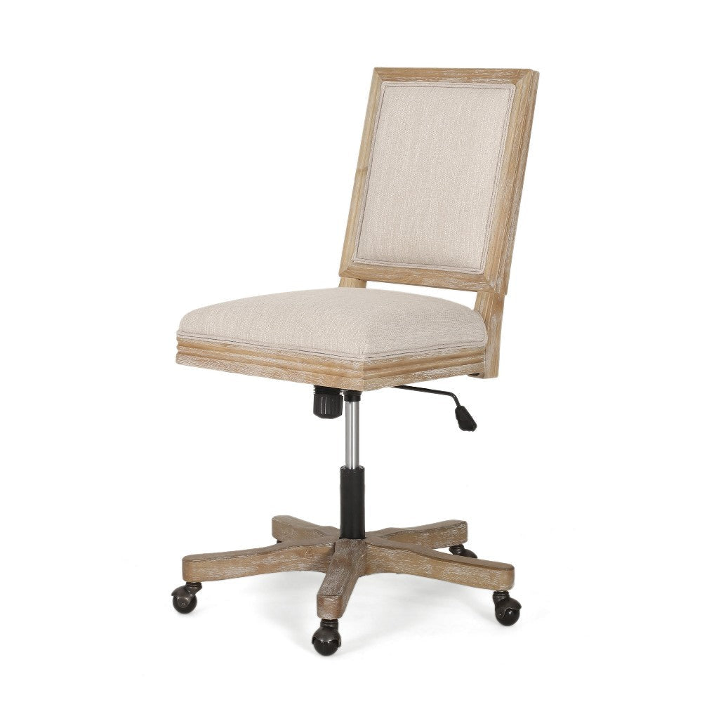Swivel Rolling Office Chair Beige Fabric Weathered Light Brown Wood BM324983