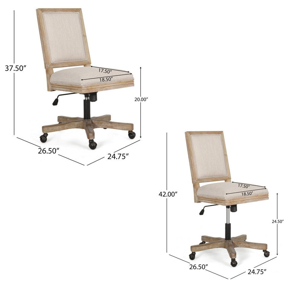 Swivel Rolling Office Chair, Beige Fabric, Weathered Light Brown Wood