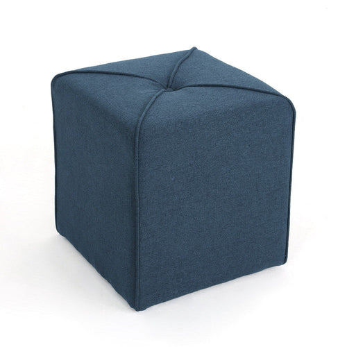 Liasa Ottoman, Navy Blue Fabric, Cube Shaped Plush Cushion, 17" Tall