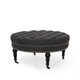 Romani Rolling Ottoman, Tufted Black Fabric, Nailhead Trim, 35" Round